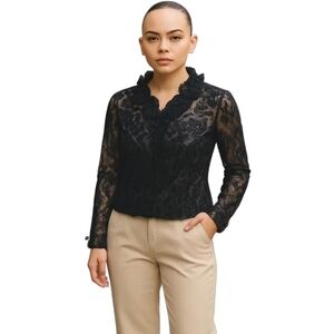 Womens Whimsigoth Top Med Black Sheer Velvet Burnout Witchy Alt Ruffle Collar